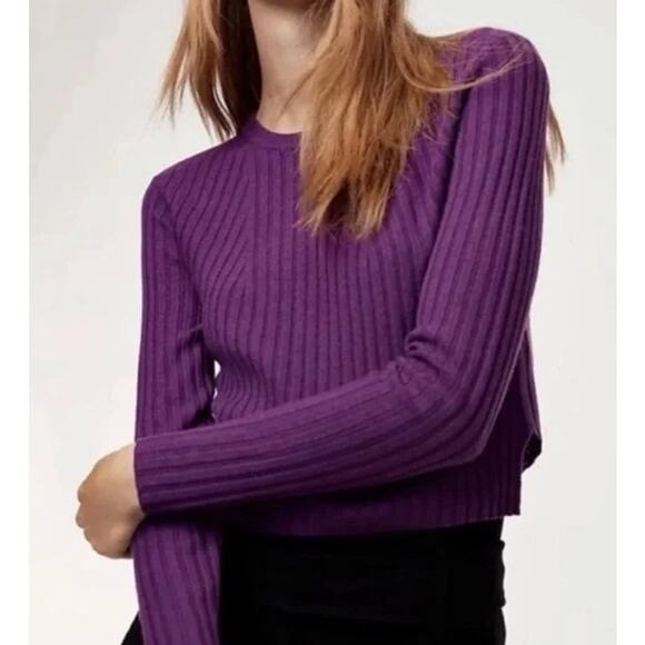 Aritzia Babaton Nathaniel Cropped Sweater Wool Linen Blend Rib Knit, Purple - Picture 1 of 12